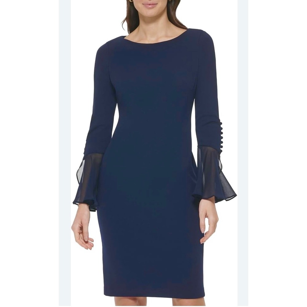 Calvin Klein Navy Scuba Sheath‎ Dress Bell Sleeve Sheer preppy money Size 12